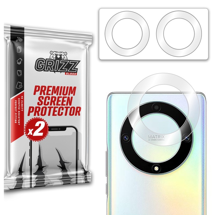Set 2 folii protectie camere foto, GrizzGlass, Sticla, Compatibil cu Honor Magic5 Lite, Transparent