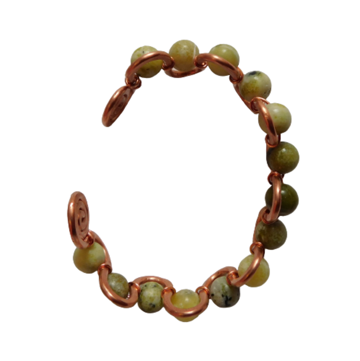 Bratara de dama, din cupru, sinusoida cu margele din turcoaze galbene, 16 cm