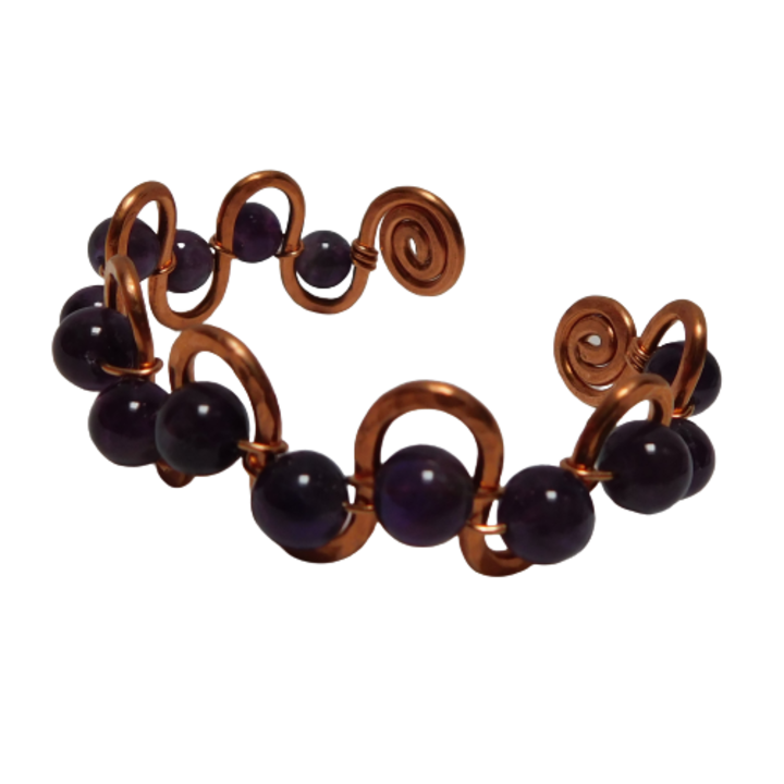 Bratara de dama, din cupru, sinusoida cu margele din ametist, 16 cm