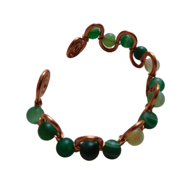 Bratara de dama, din cupru, sinusoida cu margele din agate vargate verzi frosted, 16 cm