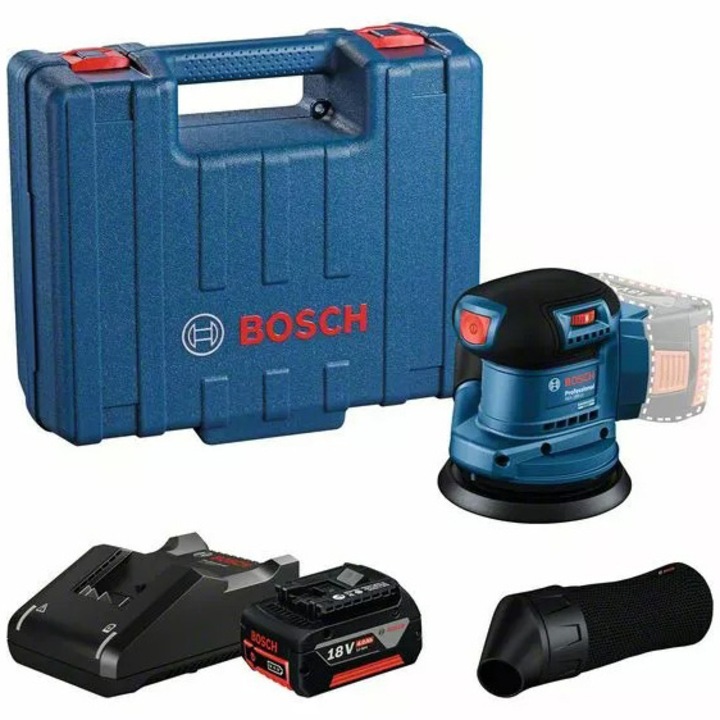 Акумулаторен ексцентършлайф Bosch Professional GEX 185-LI, 18 V, 125 мм диаметър на диска, 10 000 об/мин, 20 000 вибрации/мин, Прахоуловителна торба, Батерия 4 Ah, Бързо зарядно, Транспортен куфар