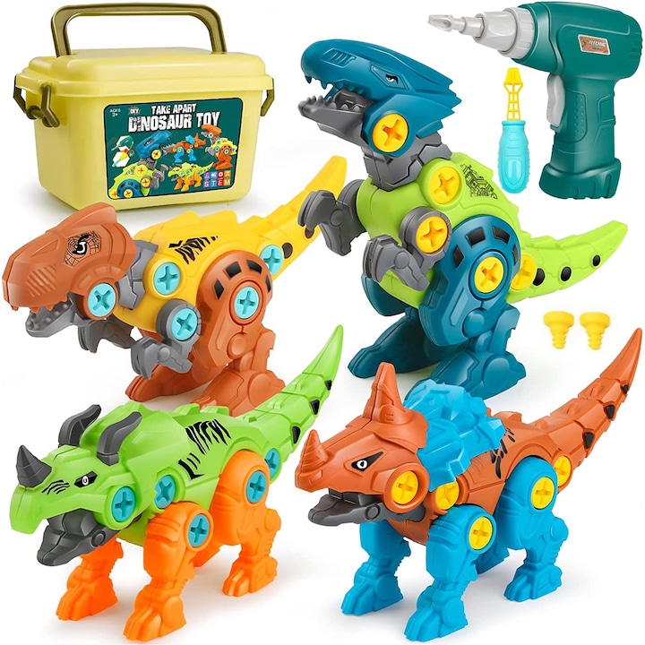 Set de asamblare dinozauri pentru copii, Darklove, 4 Dinozauri cu cutie de depozitare, Masina de gaurit si infilelat electrica, Surubelnita, DIY Jucarie pentru baieti si fete 3-8 ani, Plastic, Multicolor