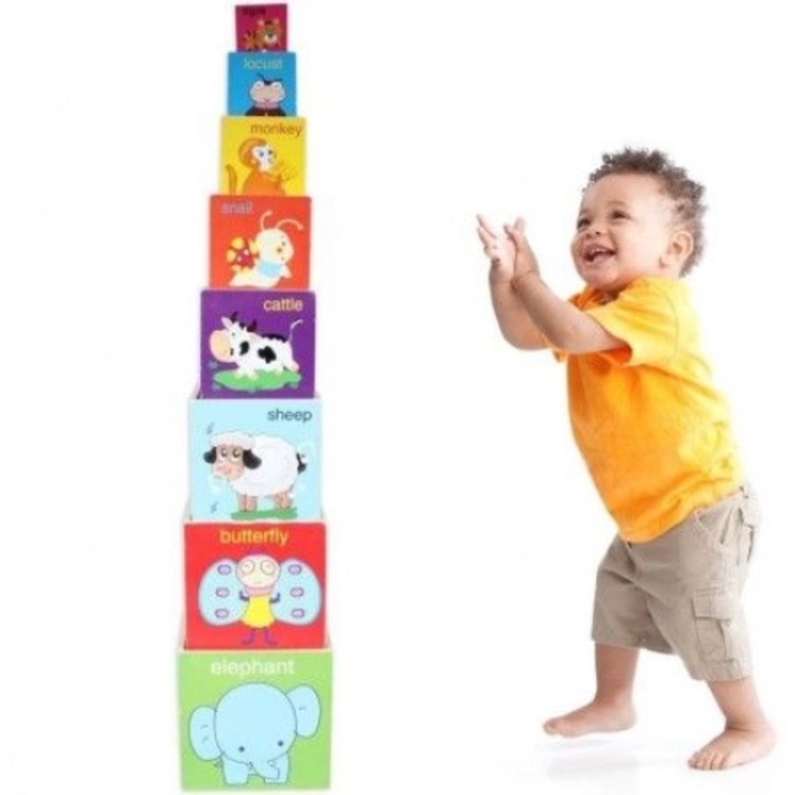 Turn Montessori din lemn 8 cuburi cu cifre, forme si animale, SARA-SHOP