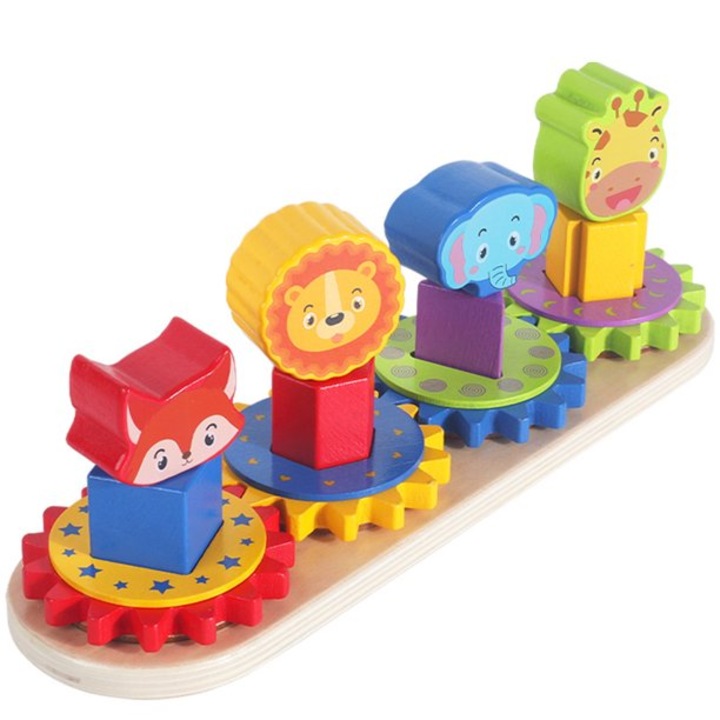 Joc Montessori de stivuire forme din lemn 4 Piramide cu animale si roti zimtate, SALLMA®