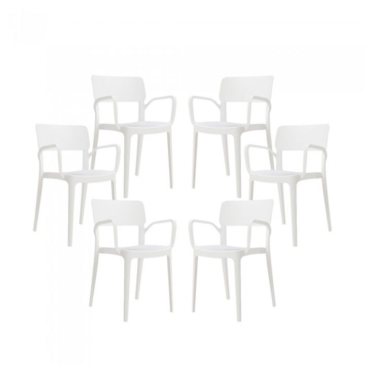 Set 6 scaune terasa cu brate RAKI PANORA culoare alb, 54,5x51xh81,9cm, polipropilena cu fibra de sticla