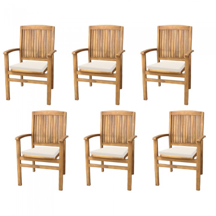 Set 6 scaune din lemn de tec cu finisaj natural RAKI, 57x60xh90cm cu 6 perne