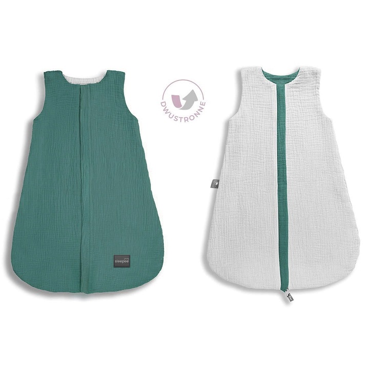 Sac de dormit Sleepee din Muselina, Design Double Face, 100% Bumbac, Termoregulator, Fermoar bilateral, 0-4 luni, Verde