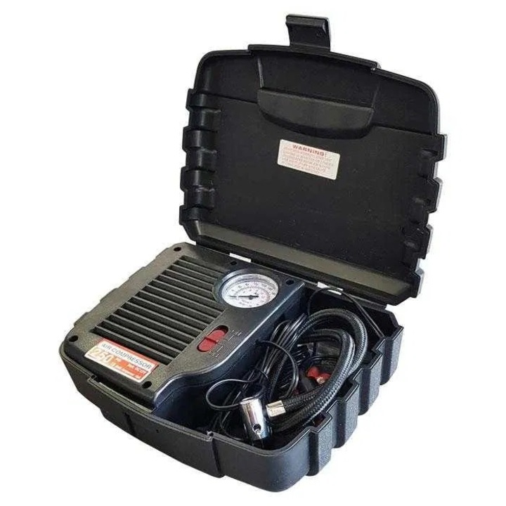 Въздушен компресор за автомобилни гуми Emzone, 12V, 100 Psi, 100 bar, С накрайници, С куфар