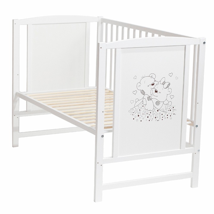 Patut Bebelusi Bears, Co-Sleeper, Lemn Masiv, 3 Nivele Saltea, Laterala Detasabila 120x60 cm