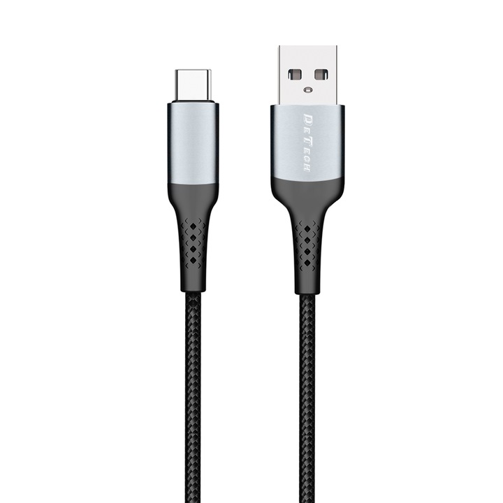 Adat- és töltőkábel, USB / Type-C, DeTech DE-43C2, 2,4 A, gyorstöltés, 2 m, fekete
