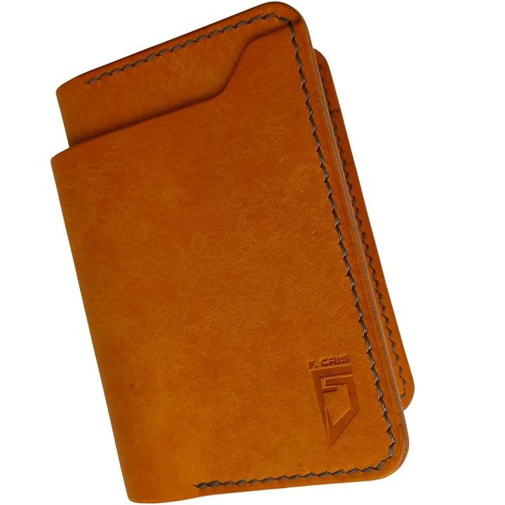 Portofel duo, lucrat manual, galben, piele naturala 12x9.5x1.2 cm