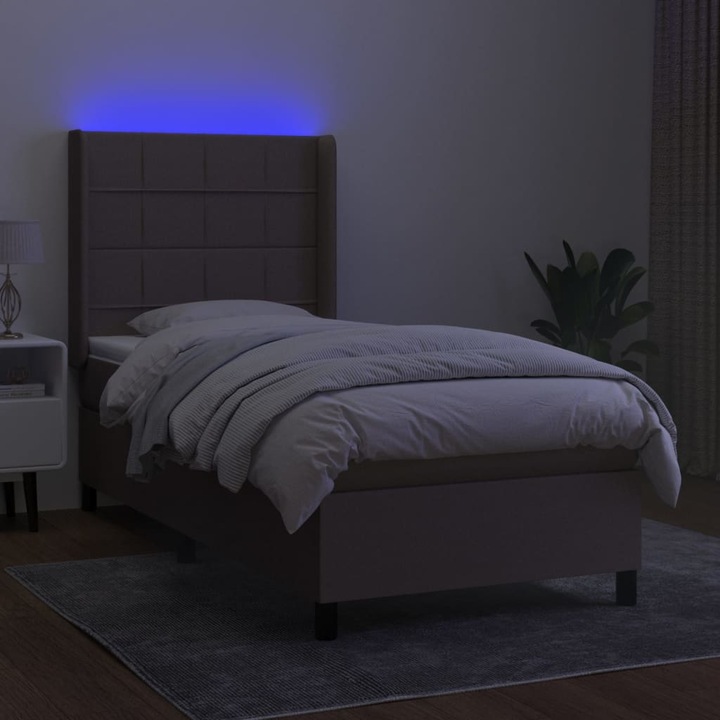 Pat cu arcuri vidaXL, saltea si LED, gri taupe, 90x200 cm, textil, 51.17 kg 3138289