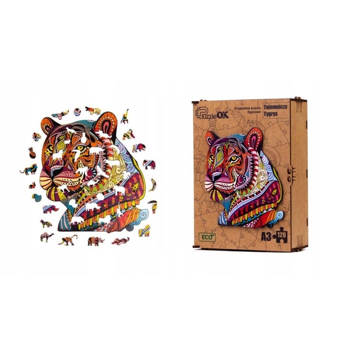 Fa puzzle, ECO, Model Tigris, 73 darab, 6+ év, 21 cm x 15 cm x 7 cm, Többszínű