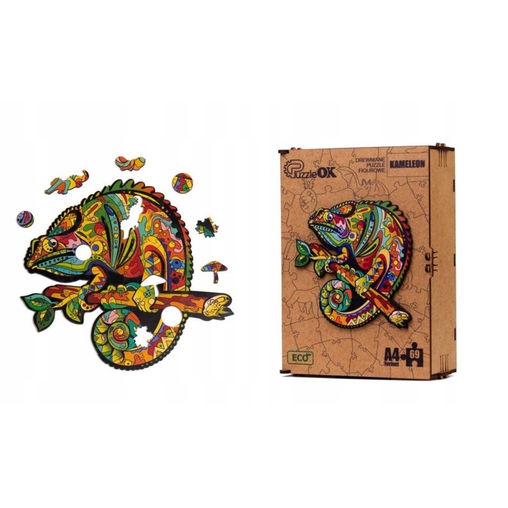 Puzzle din lemn, ECO, Model Cameleon, 69 piese, 6+ ani, 21x15x7cm, Multicolor