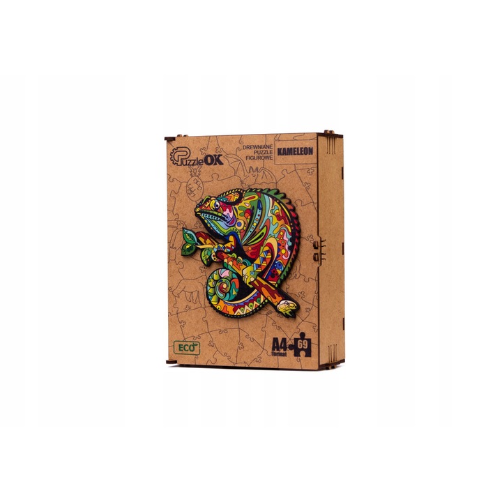 Puzzle din lemn, ECO, Model Cameleon, 69 piese, 6+ ani, 21x15x7cm, Multicolor