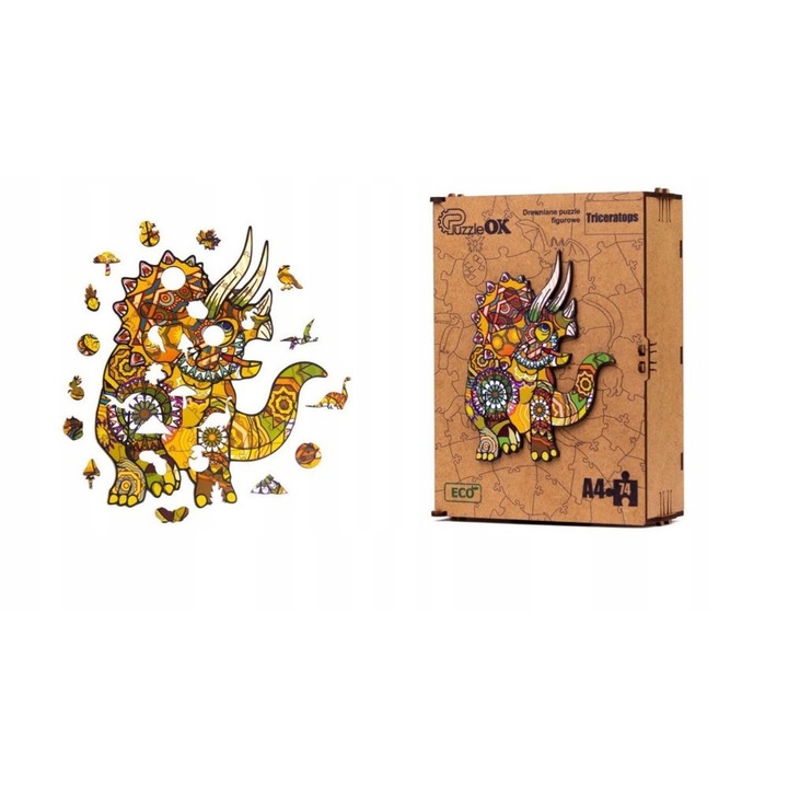 Fa puzzle, ECO, Triceratops modell, 74 db, 6+ év, 21 cm x 15 cm x 7 cm, Többszínű