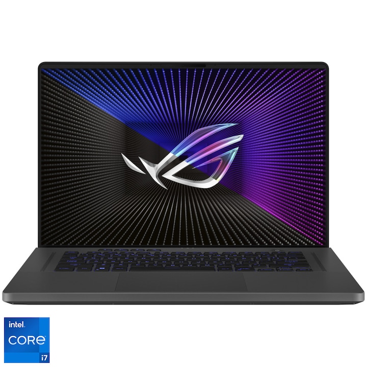 Laptop Gaming ASUS ROG Zephyrus G16 GU603ZV cu procesor Intel® Core™ i7-12700H pana la 4.70 GHz, 16", QHD+, IPS, 240Hz, 16GB DDR4, 512GB SSD, NVIDIA® GeForce RTX™ 4060 8GB GDDR6 TGP 120W, No OS, Eclipse Gray