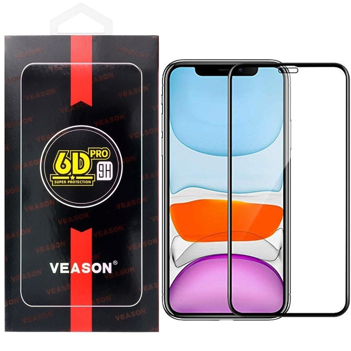 iPhone 11 Pro / X / XS kompatibilis üvegfólia, előlapi, edzett, hajlított, fekete kerettel, Veason 6D Pro