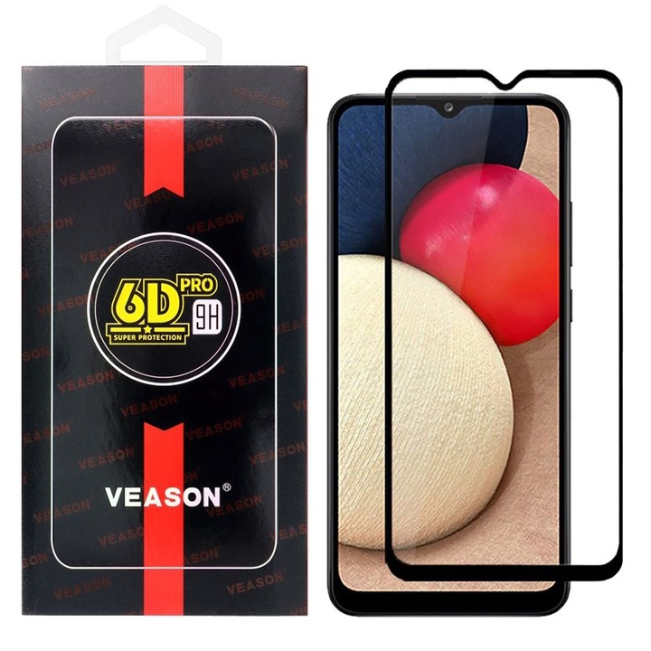Samsung Galaxy A12 / A12 Nacho / M12 / F12 kompatibilis üvegfólia, előlapi, edzett, hajlított, fekete kerettel, Veason 6D Pro