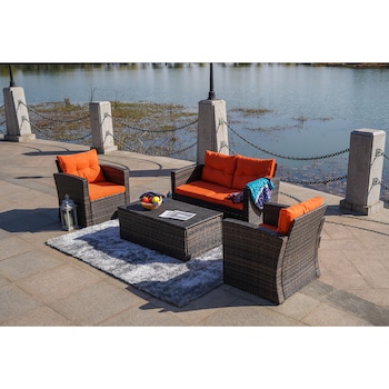 Set mobilier gradina/terasa Kring Summer Bali, canapea + 2 fotolii + masuta depozitare, aspect ratan maro, perne portocalii Set mobilier gradina/terasa Kring Summer Bali, canapea + 2 fotolii + masuta depozitare, aspect ratan maro, perne portocalii