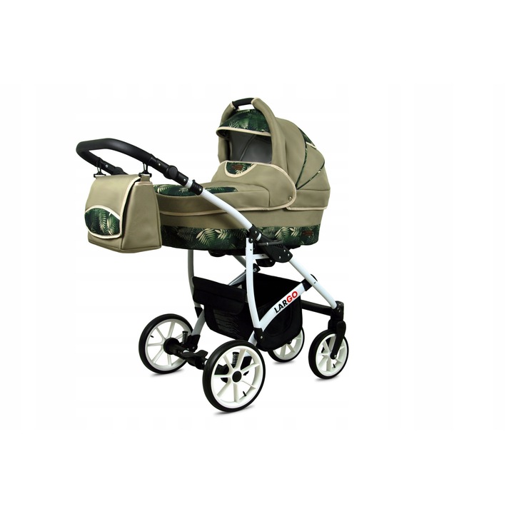 Carucior 4 in 1 BabyLux Largo Lern Leaf, Reversibil, Landou Spatios, Scaun Auto ECE R44/04 cu Baza ISOFIX, Cadru Aluminiu, Roti Gonflabile 14 inch, Piele Ecologica, Textile OEKO-TEX, Conform EN 1888-1 pentru Copii