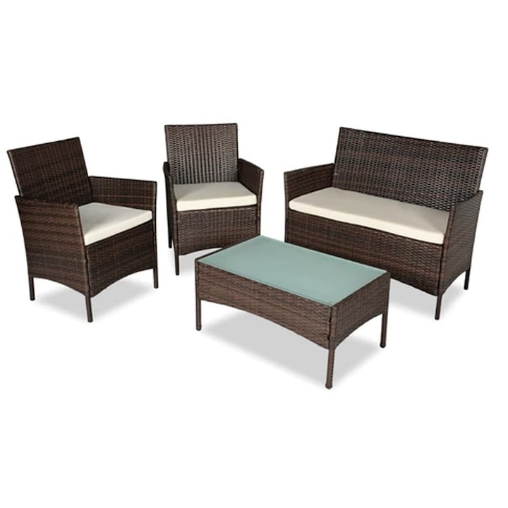 Kerti bútor szett, PROCART, fémszerkezet, 4 db, fotelek, kanapé, dohányzóasztal, rattan modell, barna színű