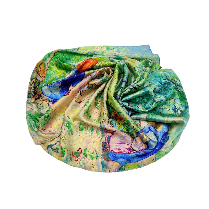 Esarfa patrata din matase, imprimeu multicolor dupa o pictura de Van Gogh, Primii pasi, 70 x 70 cm