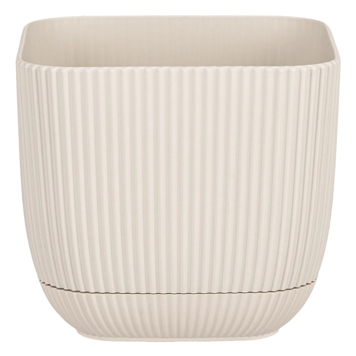 Ghiveci pentru flori cu farfurie incorporata IS1315, Patrat, Model cu dungi in relief, 15 x15 x 13 cm, Bej
