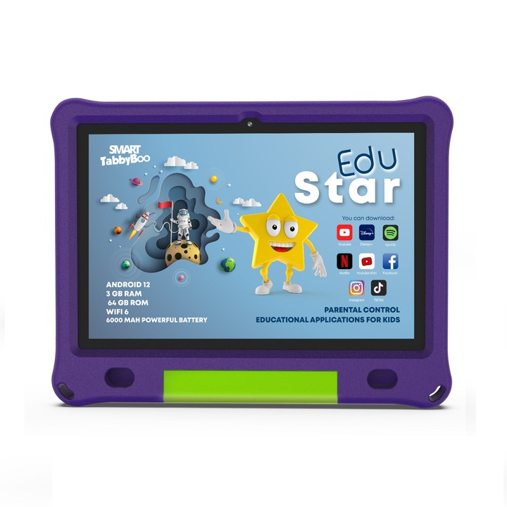 Детски Таблет EduSTAR 10.1'' IPS, 64GB, 3GB RAM, Android 12, Wi-Fi 6,,2023, лилаво