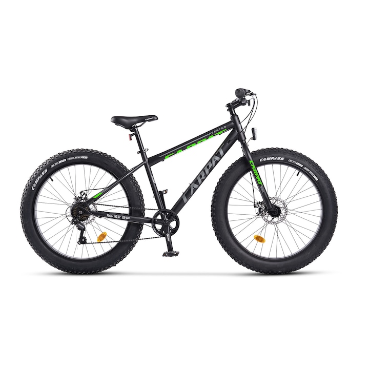 Bicicleta MTB Fat Bike Aventus JSX26217, brand Carpat, roata 26 inch, MTB, frana Disc fata/spate, echipare Shimano, 7 Viteze, negru cu verde