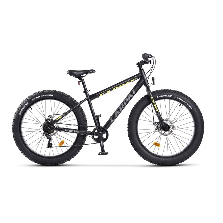 Bicicleta MTB Fat Bike Aventus JSX26217, brand Carpat, roata 26 inch, MTB, frana Disc fata/spate, echipare Shimano, 7 Viteze, negru cu galben