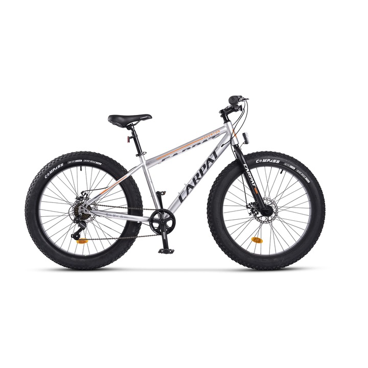 Bicicleta MTB Fat Bike Aventus JSX26217, brand Carpat, roata 26 inch, MTB, frana Disc fata/spate, echipare Shimano, 7 Viteze, gri cu portocaliu