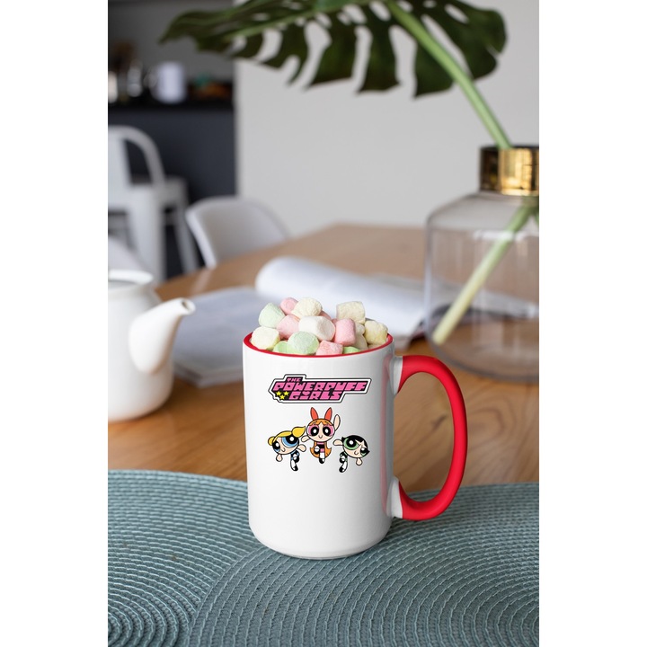 Cana personalizata cu imprimeu Desene - Powerpuff girls model 2, Ceramica, 330 ml, Maner si interior Rosu