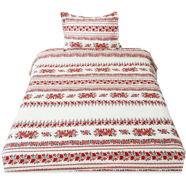 Комплект спално бельо от 3 части, единично легло, цвят бяло/червено, за матрак 90см, от колекция "Drag de Romania by Liz Line", 100% памук LS212
