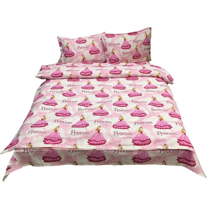Единично спално бельо бяло/розово за матрак 90см от колекция "Despre printese by Liz Line" от 100% памук - LS214