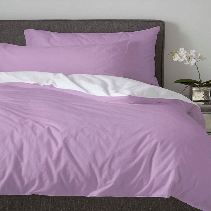 Lenjerie de Pat, Bumbac Ranforce, White Simple Purple,2 persoane, 70X70, 220 x 200