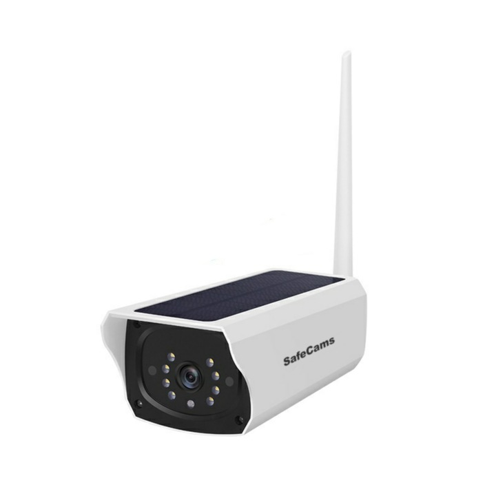 SafeCams 4MP FULL HD megfigyelő kamera, Napelemmel és Wifivel, Éjjellátó, Vízálló, Kártyahely akár 128G, Fém ház, Fehér színű