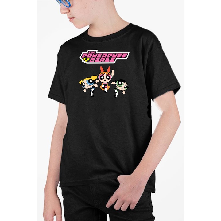 Tricou personalizat pentru copii cu imprimeu, Desene - Powerpuff girls model 2, Negru, 134 cm, 8 ani