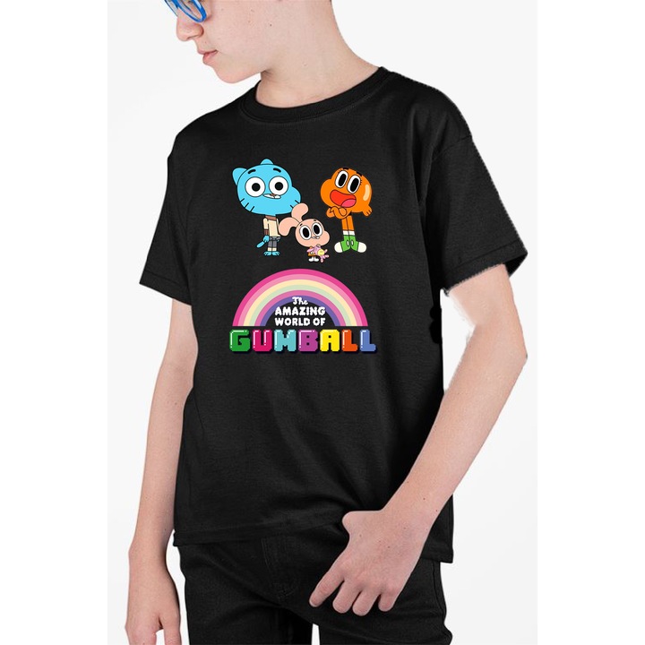 Tricou personalizat pentru copii cu imprimeu, Desene - Lumea minunata a lui Gumball, Negru, 134 cm, 8 ani