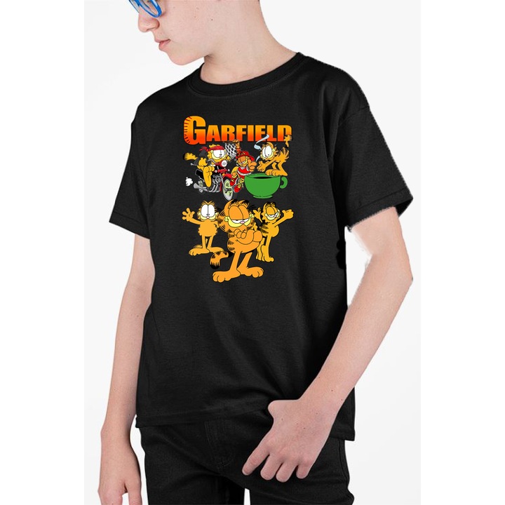 Tricou personalizat pentru copii cu imprimeu, Desene - Garfield, Negru, 134 cm, 8 ani