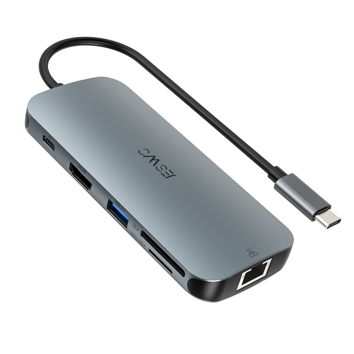 JESWO Hub, USB-C, 10 port, 3x USB 3.0, 2x USB 2.0, 1x 4K HDMI, 100 W PD, 1x SD/TF kártyaolvasó, 1x Gigabit Ethernet RJ-45, szürke
