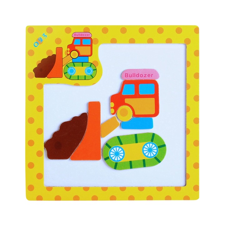 Puzzle educativ magnetic Montessori cu buldozer, Onore, multicolor, lemn, 15 x 15 cm, limba engleza, 7 piese