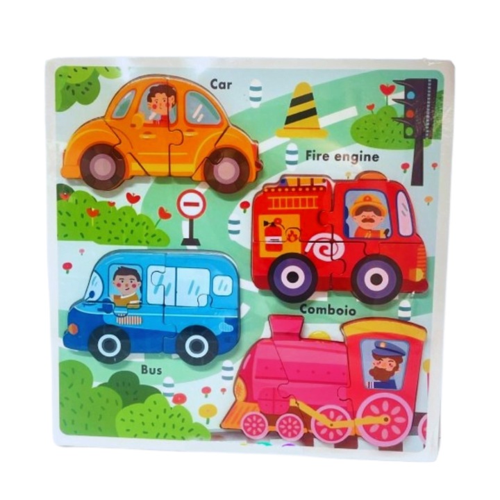 Puzzle educativ incastru Montessori cu vehicule, Onore, multicolor, lemn, 29.5 x 29.5 x 1 cm, 11 piese