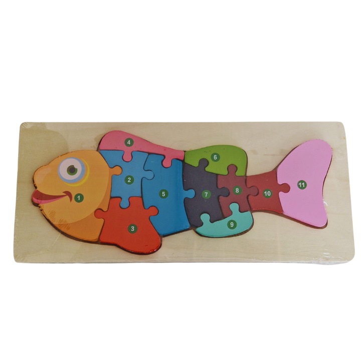 Puzzle 3D educativ incastru Montessori numerotat cu peste, Onore, multicolor, lemn, 30 x 13 x 1 cm, 11 piese