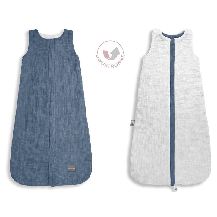 Sac de dormit Sleepee din Muselina, Design Double Face, 100% Bumbac, Termoregulator, Fermoar bilateral, 4-24 luni Albastru/Alb