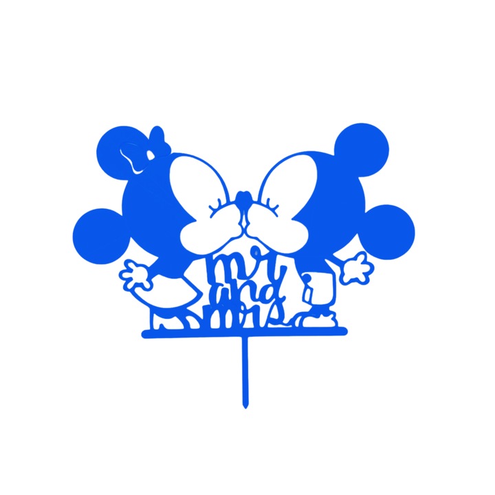 Esküvői torta felső dekoráció, Mr&Mrs Mikivel és Minnie-vel, kék 14,5 x 17,5 cm