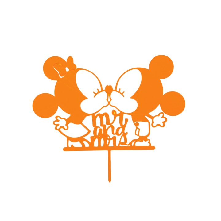 Esküvői torta felső dekoráció, Mr&Mrs Mikivel és Minnie-vel, narancssárga 14,5 x 17,5 cm