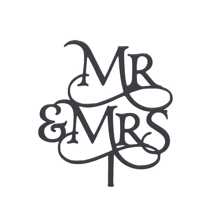 Esküvői torta felső dekoráció, Mr és Mrs, fekete 17 x 13,5 cm