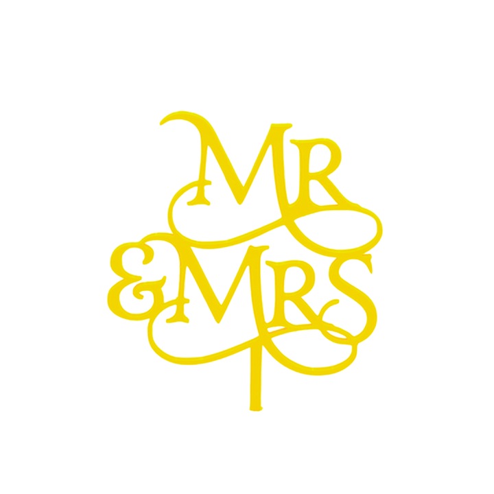 Esküvői torta tetejének dekorációja, Mr és Mrs, sárga 17 x 13,5 cm