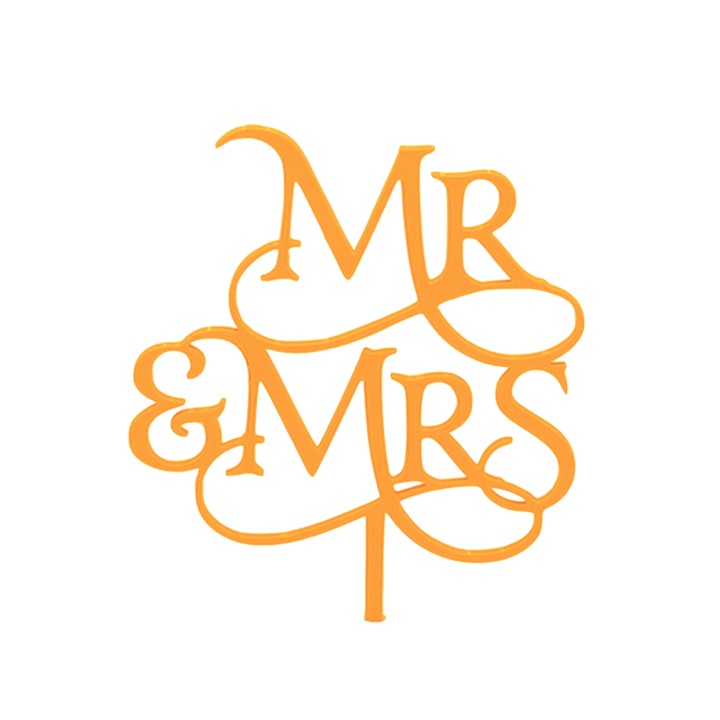 Esküvői torta tetejének dekorációja, Mr és Mrs, narancssárga 17 x 13,5 cm